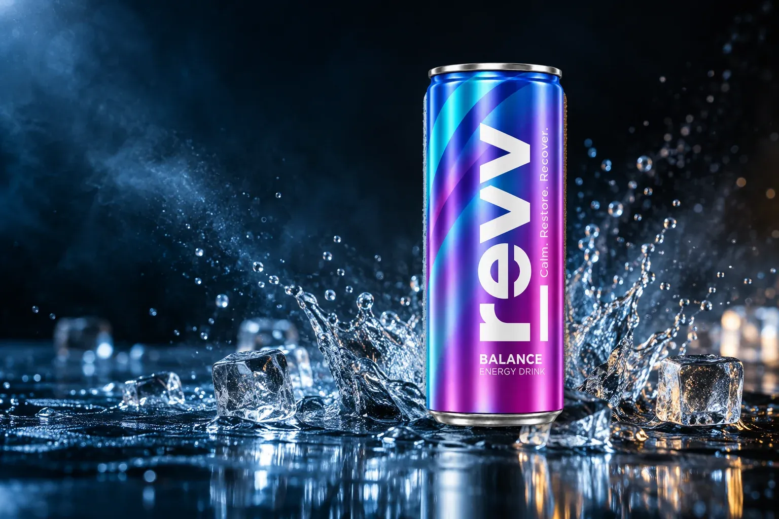 A water splash and ice beside a revv Balance can