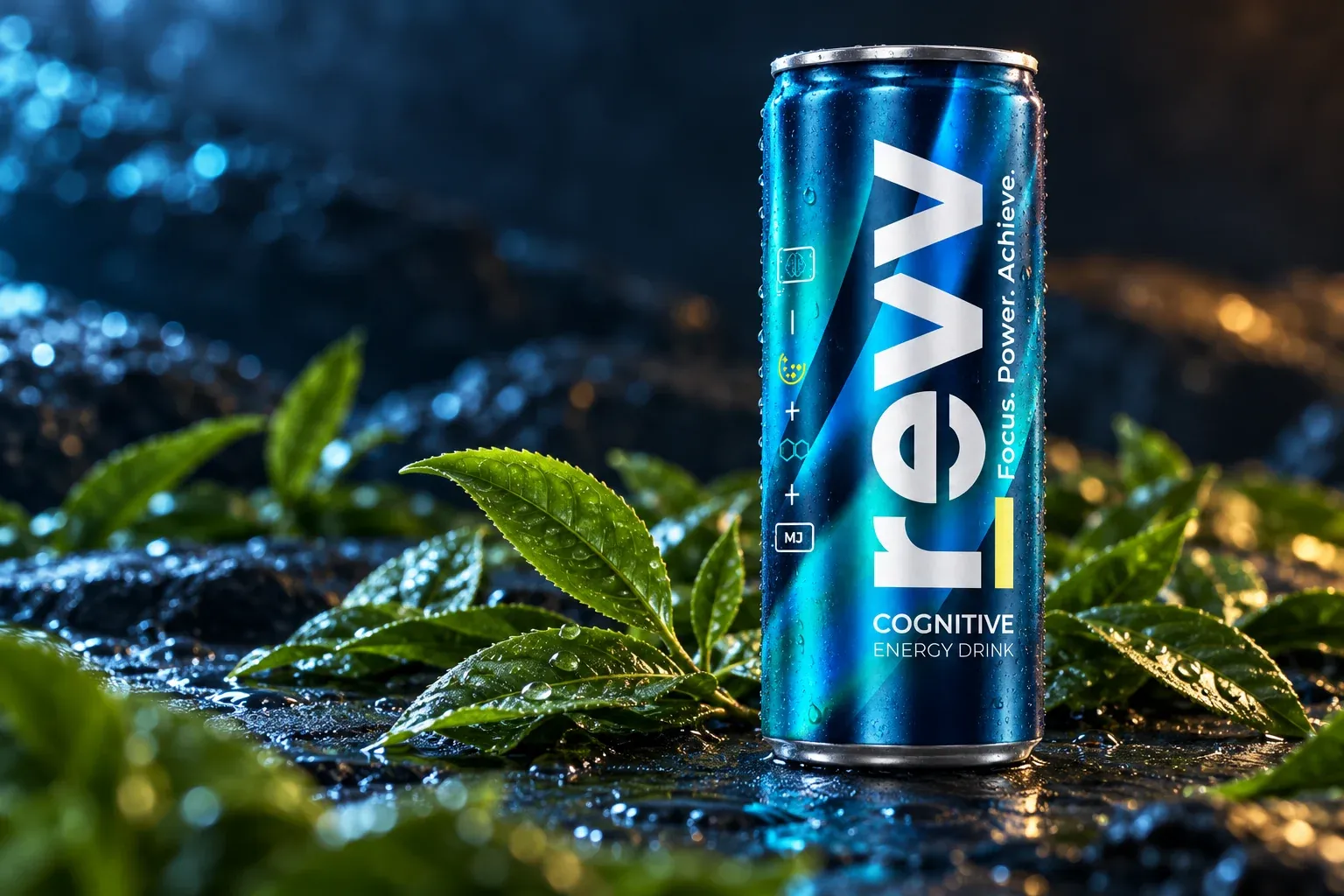 Fresh green tea leaves on wet slate beside a revv Cognitive can