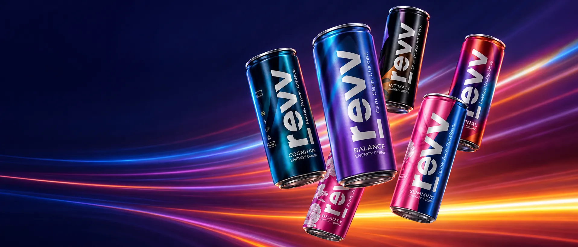 Cognitive, Balance, Intimacy, Slimming, Beauty and Original cans against a neon light streak