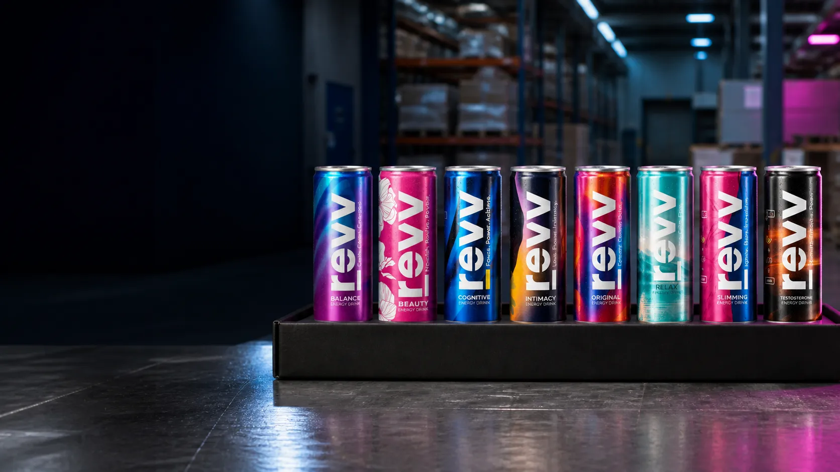 The eight revv functional drinks prepared in a distributor presentation tray