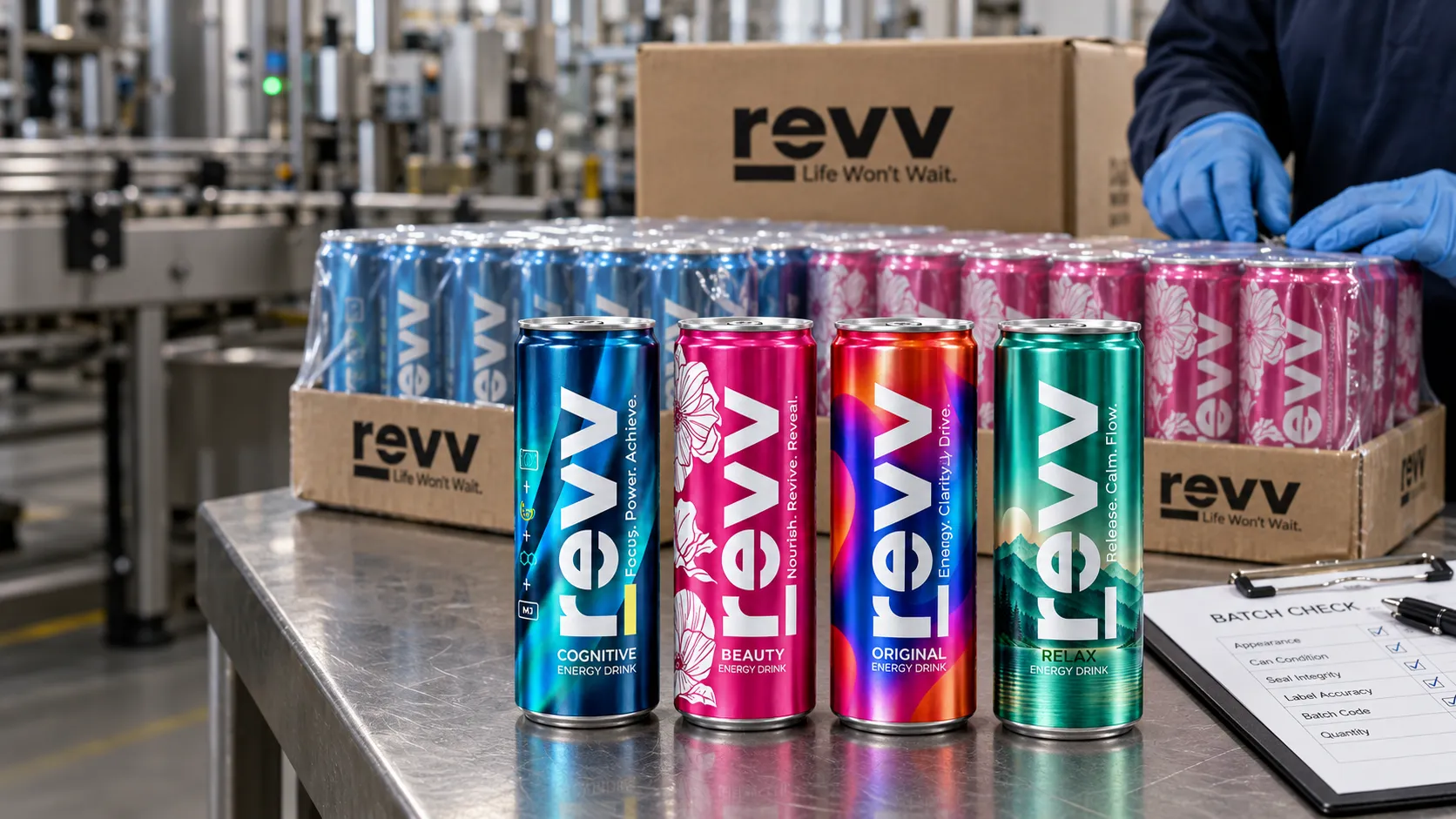 Cognitive, Beauty, Original and Relax cans on a packing bench beside shrink-wrapped trays and revv cartons, with a gloved technician and a batch check sheet